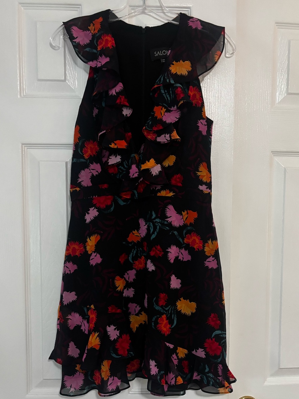 SALONI Black Floral Ruffle V-Neck Dress size 8